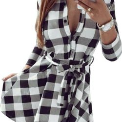 XL Plaid Pattern Tunic Tops Shirt Casual Dress