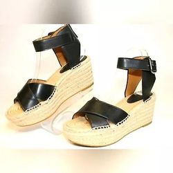Coach Womens Black Leather Espadrilles Platform Sandals Heels Shoes Size 7.5