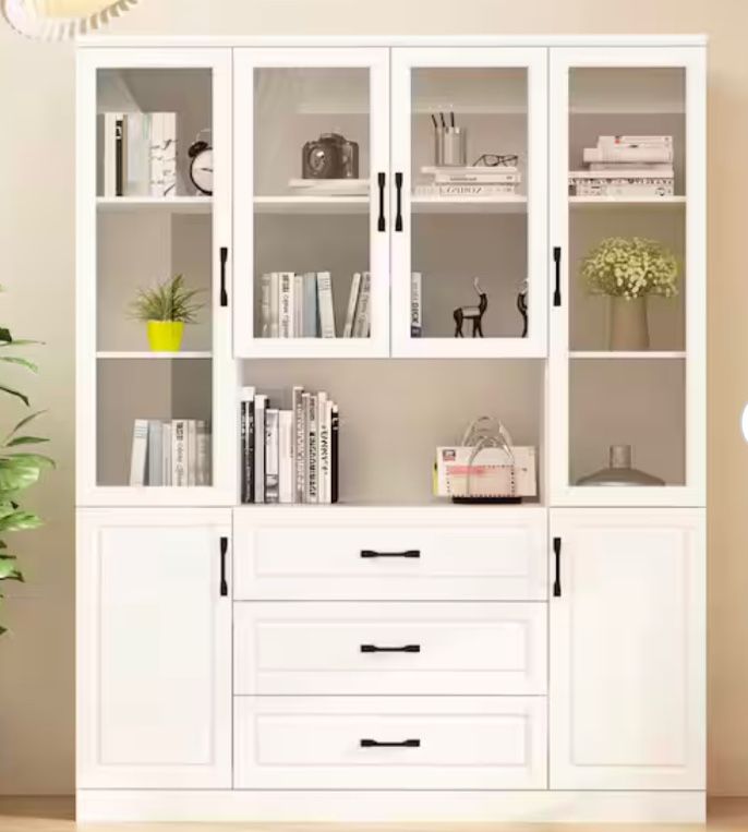 White 63 in. W x 15.7 in. D x 78.7 in. H Wood Storage Cabinet with Adjustable Shelves, Glass Doors