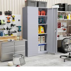 Metal storage cabinet steel for garage office room adjustable shelves home with door with lock