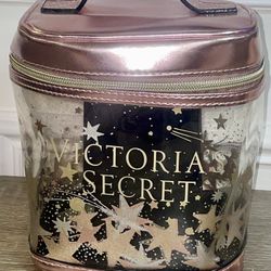 Victoria Secret Train Travel Case Make Up Cosmetic Bag Clear Metallic Pink Gold