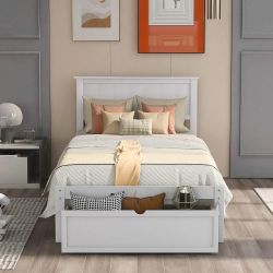 Twin Size Bed Frame with Storage Drawer (White)