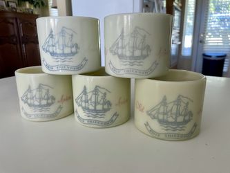 Early American Old Spice "Ship Friendship" milk glass shaving mugs produced by Shulton, Inc. in the late 1940s to early 1950s.