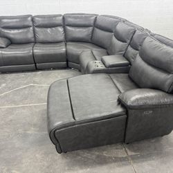 Free Delivery* New Faux Leather Power Reclining Sectional #SofaKingLV Couch Couches Grey Gray Sectional Recliners 