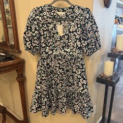 NWT~BODEN Women Black Green White Floral Ruffle Hem Puff Sleeve Dress Size 10