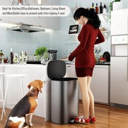 NEW 18" Silver Grey 13 Gallon Trash Can - Stainless Steel Ellipse Dust Bin