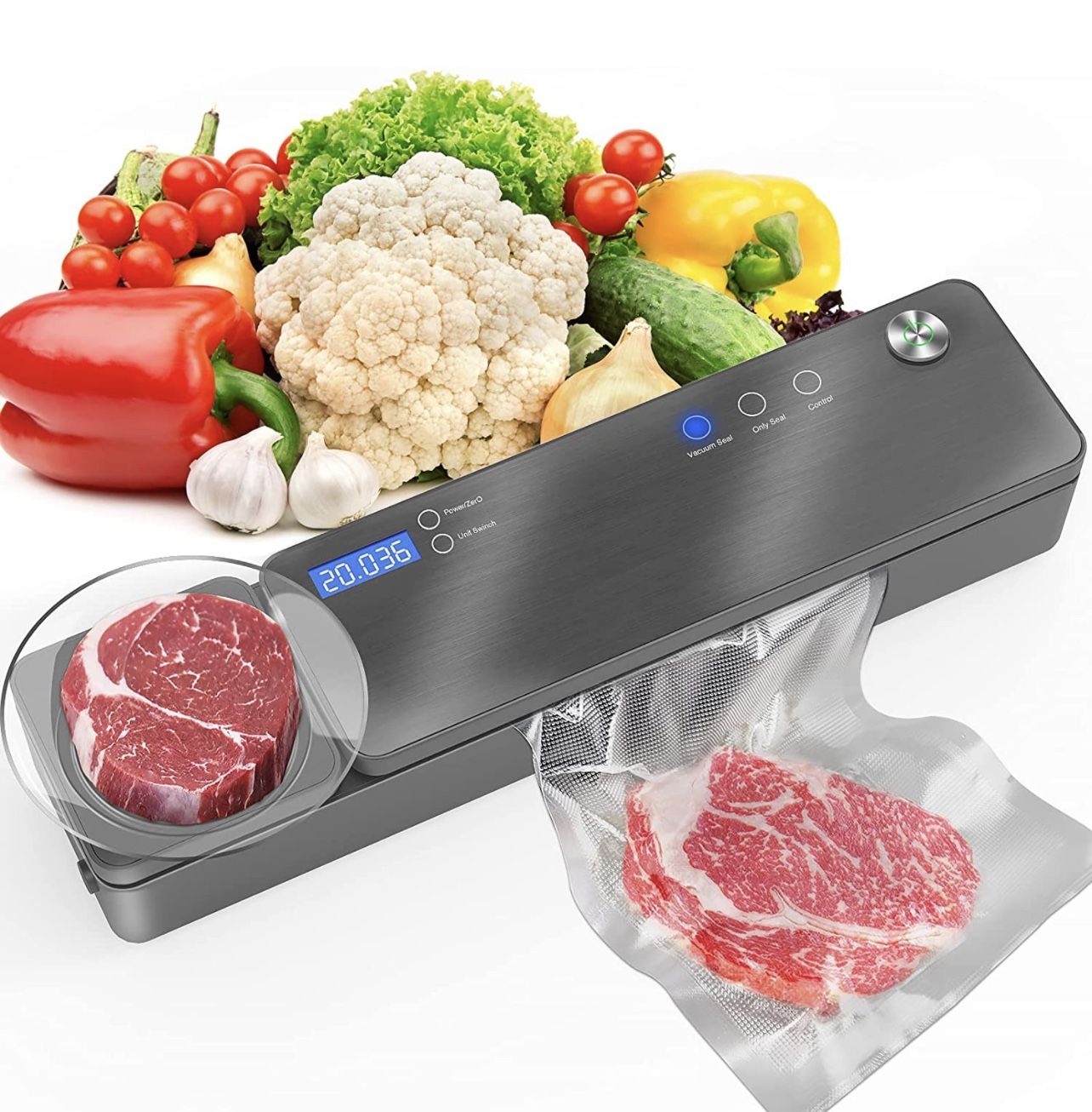 Vacuum Sealer, Automatic Vacuum Sealer Machine for Food Prep with Kitchen Food Scale, LCD Display, Dry Moist Food Modes, Cutter, Touch Control, Vacuum