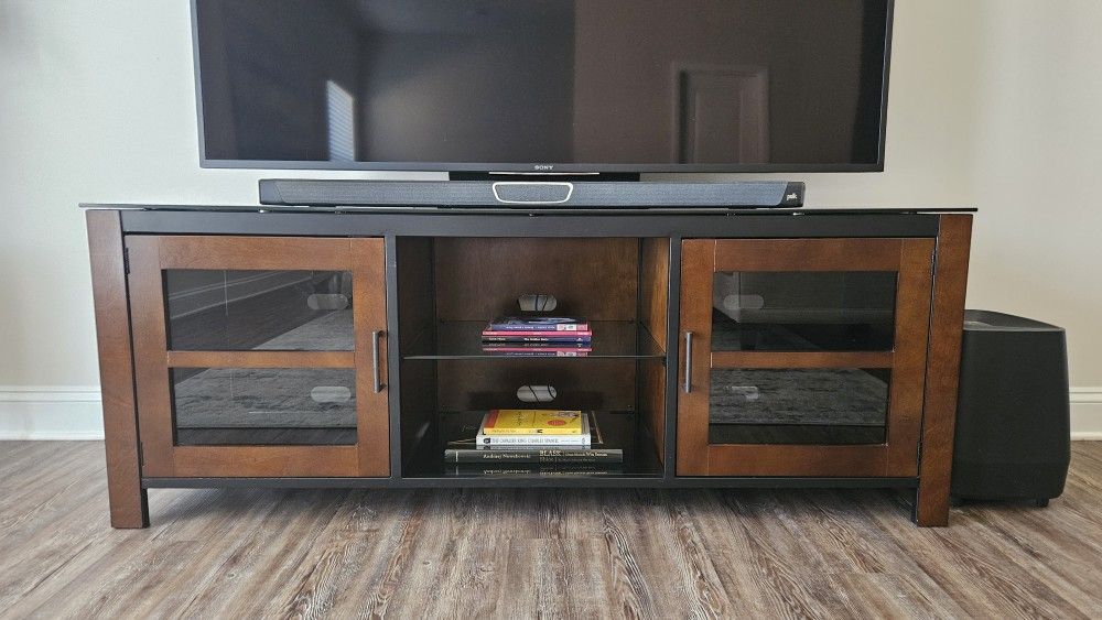 Wooden TV Stand with Glass Doors