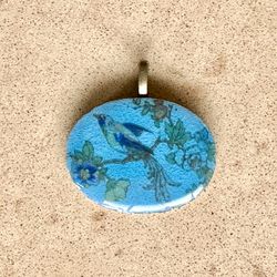🦜 Beautiful bird in floral tree nature Asian landscape art oval turquoise pendant reworked from vintage cabochon