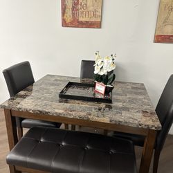 5pc Marble Dining Table & Bench 