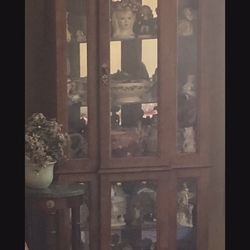 Custom Made Dark Wood Curio Glass Shelved Lights Inside