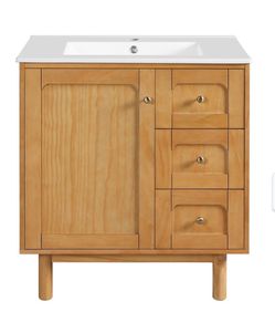 Some Scratches Newly Assembled 30 in. Freestanding Natural Wood Bath Vanity with White Ceramic Top
