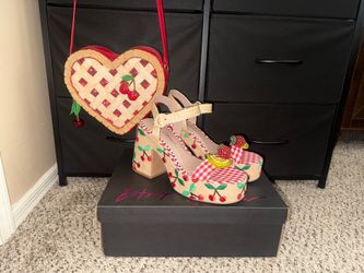 Betsey Johnson Fruit Platform Heels (Cheyne) 9M & Cherry Pie Handbag
