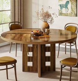 LD0026 Round Dining Table, 47-Inch Farmhouse Wood Kitchen Table with Sturdy Pedestal Base