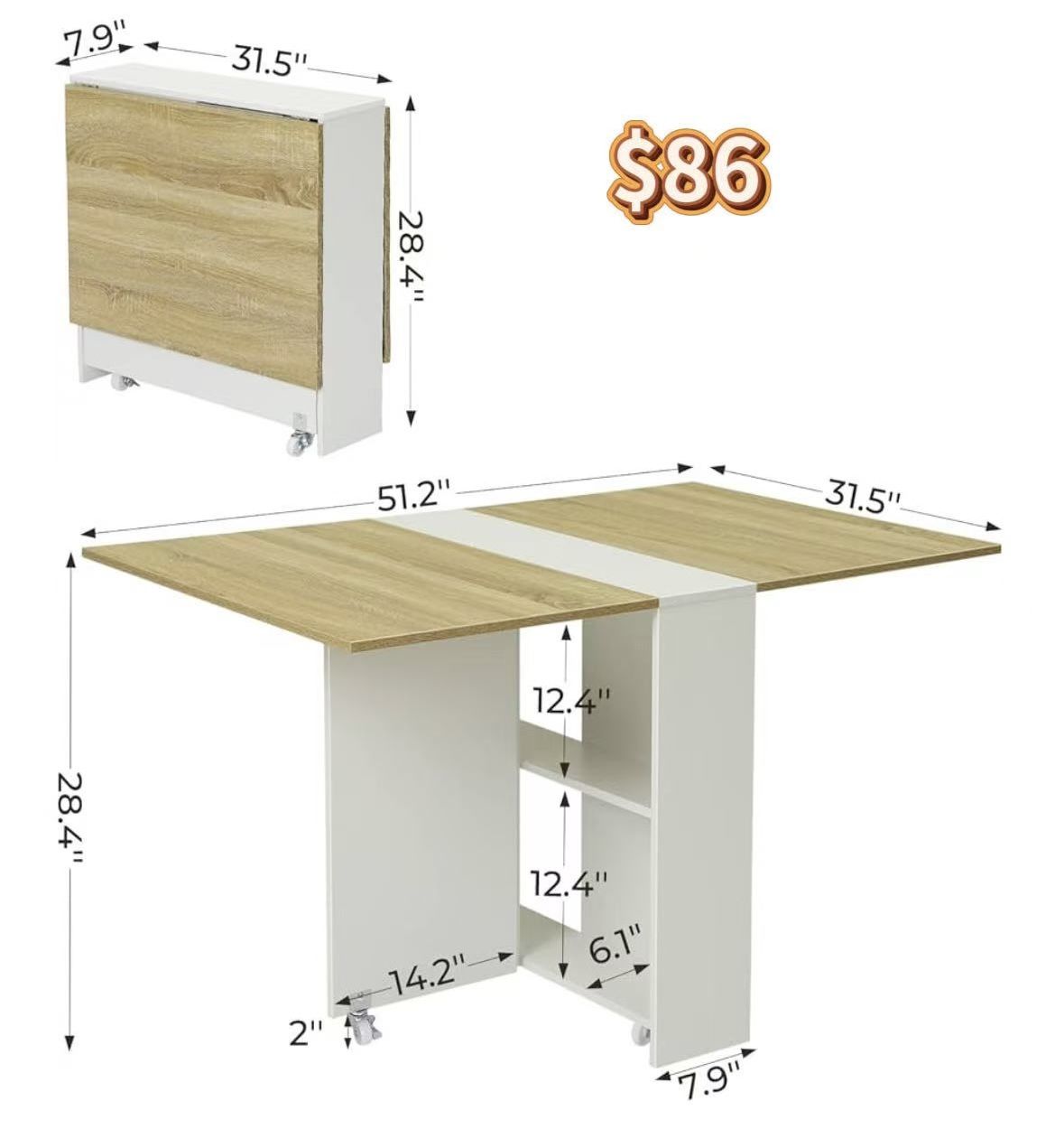 😀 Folding Dinner Table with 6 Casters, Drop Leaf Dining Table, Folding Kitchen Table for Small Apartments, Pear Wood Color and White,