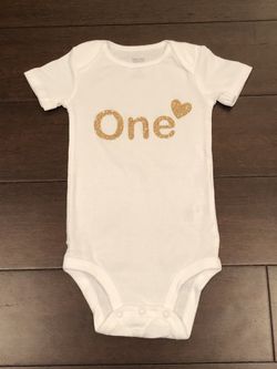First Birthday onesie gold glitter heart for 12 month