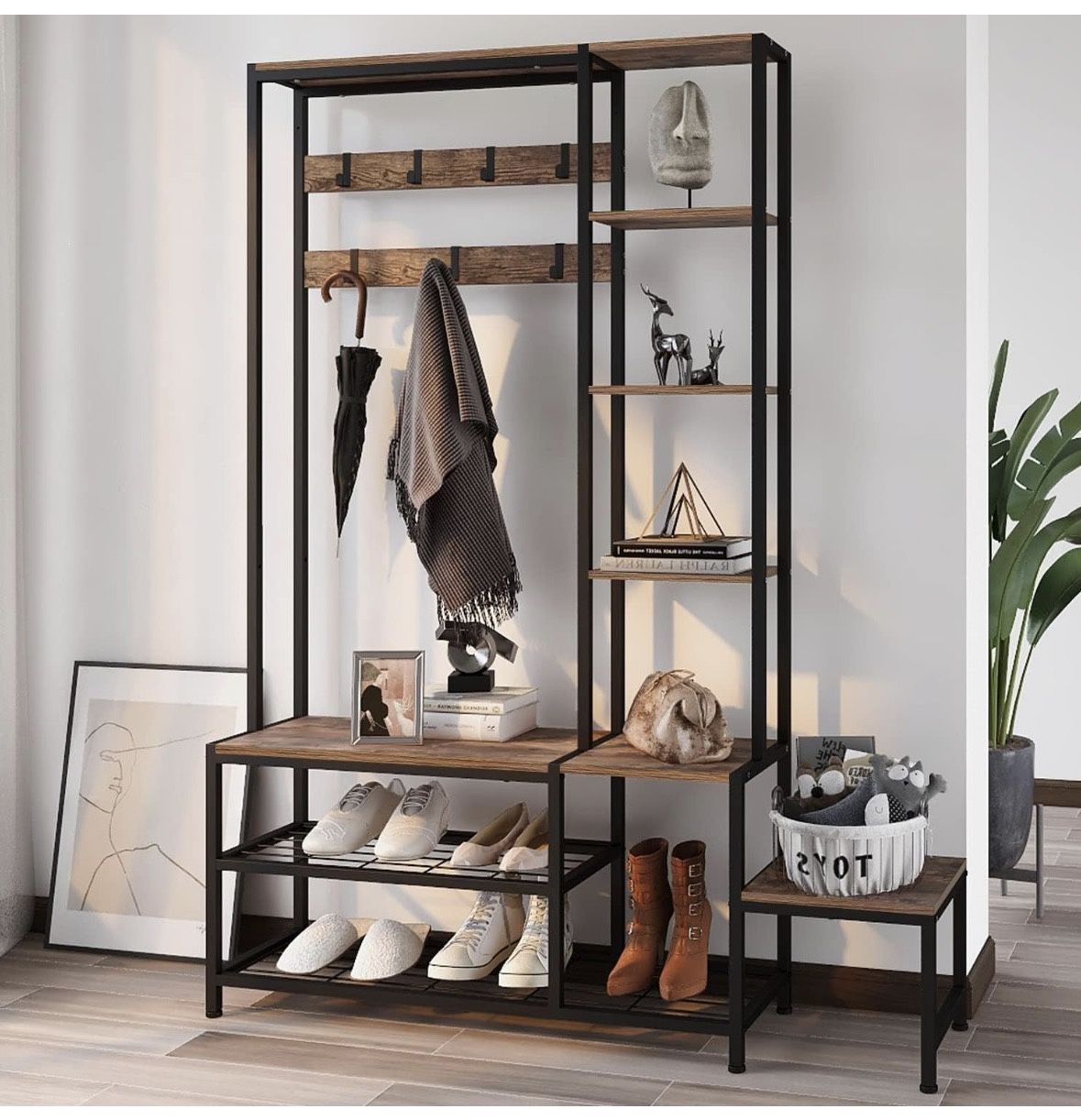 Hall Tree with Shoe Storage Bench Coat Rack & 7 Hooks
