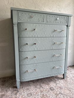 Anthropologie Style Refinished Solid Wood Vintage Dresser Blue Green