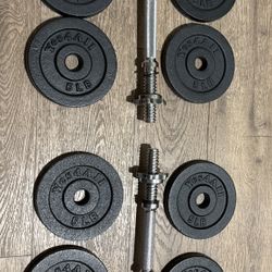 Set Of Cast Iron Adjustable Dumbbells 25 lbs Each.
