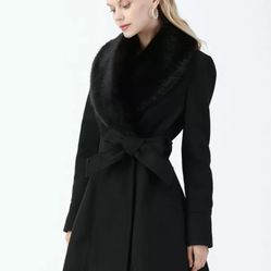 Forecaster Women's Black Wool Blend Fox Fur Collar Belted Wrap Coat, 12