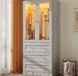 Gray Freestanding Wardrobe Armoire w/ Mirrored Doors, Rail, Shelves, 3 Drawers