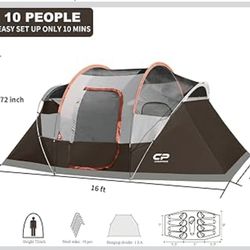 Camping Tent 10 Person Family Cabin Tent, 2 Room Water Resistant Waterproof Tent with Top Rainfly, 4 Large Mesh Windows, Double Layer, Easy Set Up, Po