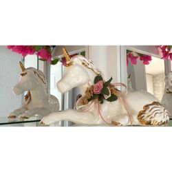 Vintage Ceramic Unicorn w/ Pink and White Ribbon Decoration 
