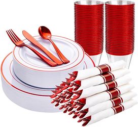 210 Piece Red Plastic Dinnerware Set 30 guests -NEW (3175/3)