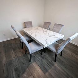 7PC MARBLE DINING TABLE SET W/ VELVET UPHOLSTERED CHAIRS – $1200