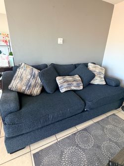 Dark Blue Fabric 3-Seat Sofa with Pillows