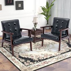 Set Of 2 Mid-Century Accent Chairs Upholstered Leather Armchair with Solid Wood Frame, Leisure Chair Reading Chair for Living Room, Bedroom