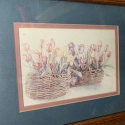 Wood Framed Vintage Flower Baskets Signed Watercolor