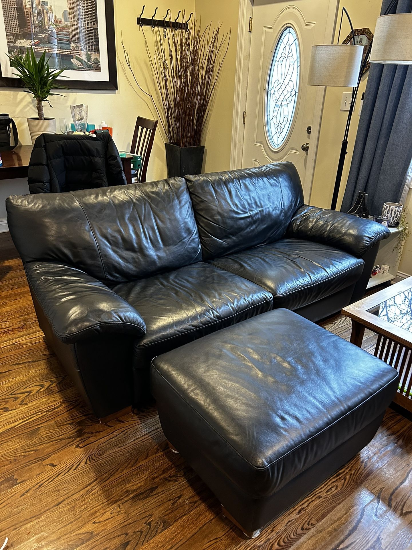 Black Leather Couch, Chair, And Ottoman