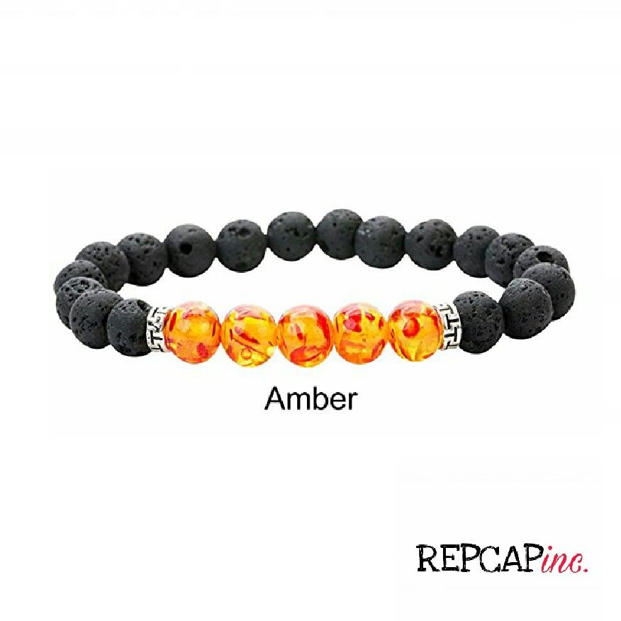 Lava Stone Beaded Bracelet Size Large Men's Amber Stone