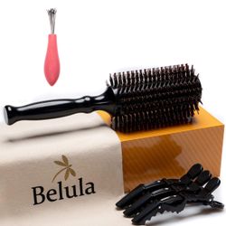 Boar Bristle Round Brush for Blow Out Set by Belula- Blow Drying Wooden Barrel