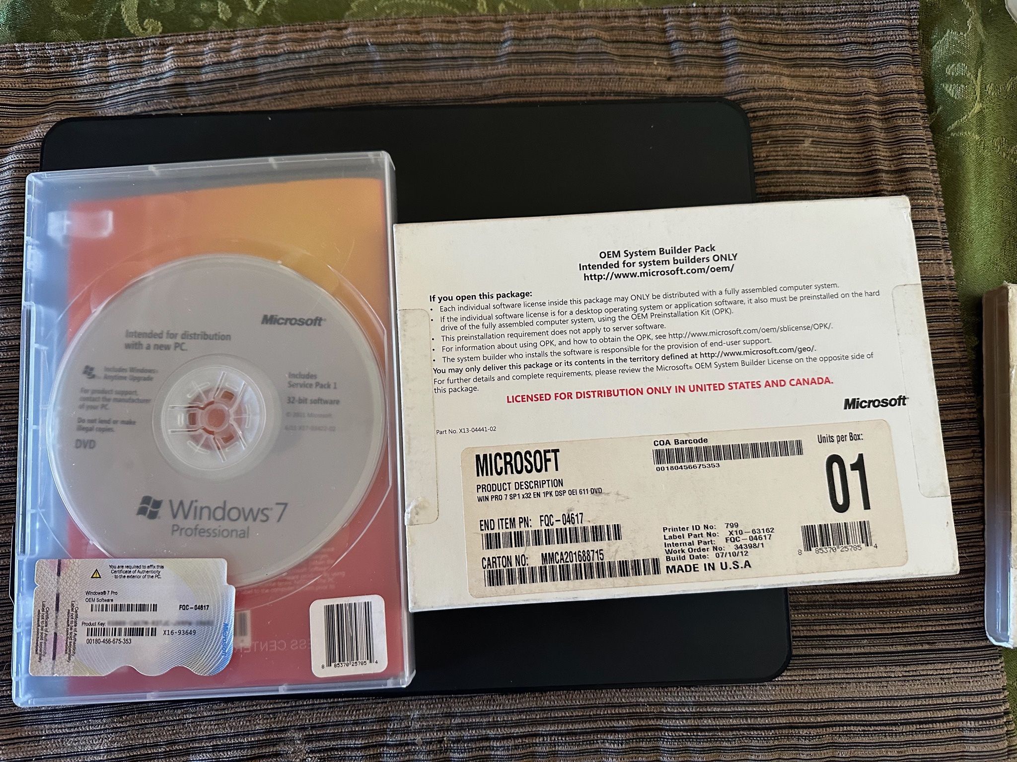 Genuine OEM Microsoft Windows 7 Pro SP1 32-bit Full Installation DVD w/Product Key