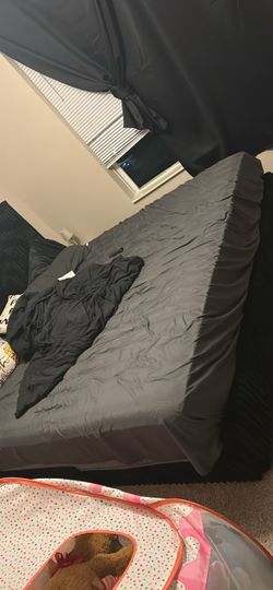 Queen/King Bed with Dark Gray Bedding