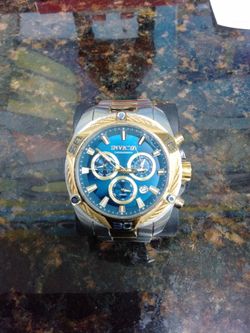 Invicta Chronograph Watch Blue Dial Gold Bezel