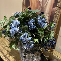 Gorgeous Blue Flowers In Carved Heavy Pot. 