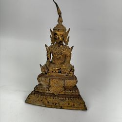 Antique Thai Buddha Statue Seated Khmer Rattanakosin Gilt Bronze 18-19 Century