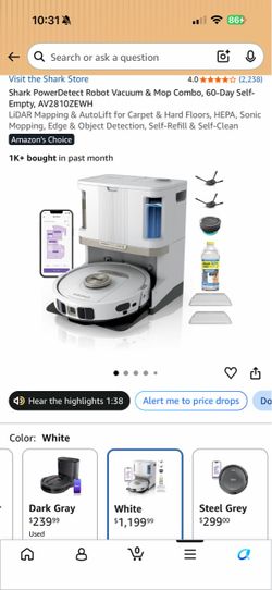 NEW Shark PowerDetect Robot Vacuum & Mop Combo, 60-Day Self-Empty Base (AV2810ZEWH)