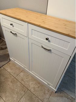 Kitchen Base Storage Cabinet with 2 Drawers and 2 Tilt-Out Doors, White Freestanding Kitchen Cabinet with Hidden Trash Storage