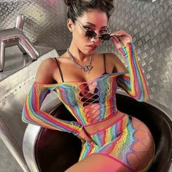 Sexy Bodycon Fish Net Teddy Rainbow 2 Piece Skirt and Top Set 