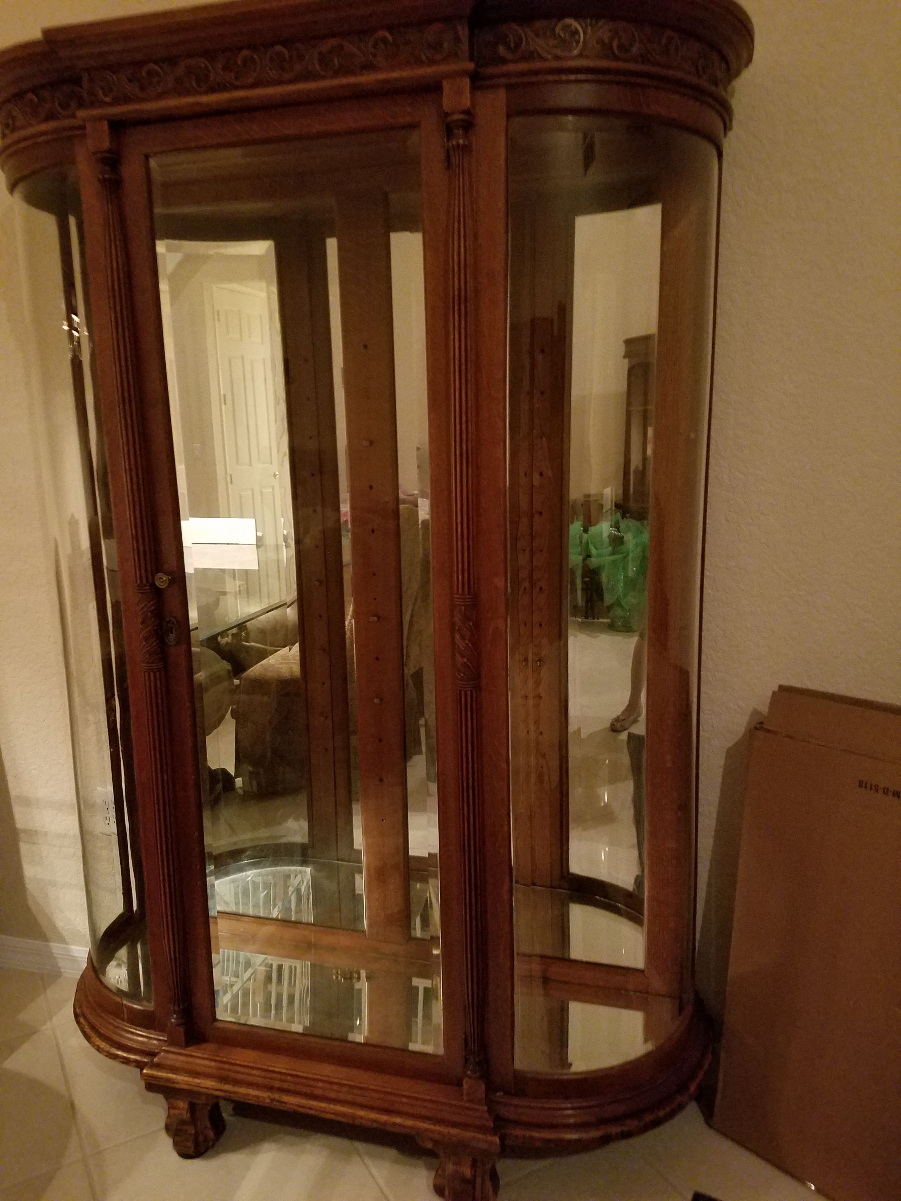 Antique curved glass oak cabinet
