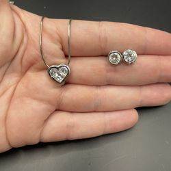 Beautiful Silver Heart Pendant Necklace & CZ Stud Earrings Set