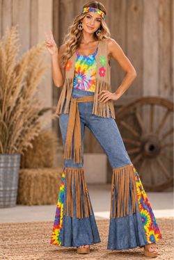 70s Hippie Costume Set – Bell Bottom Pants + Fringe Vest