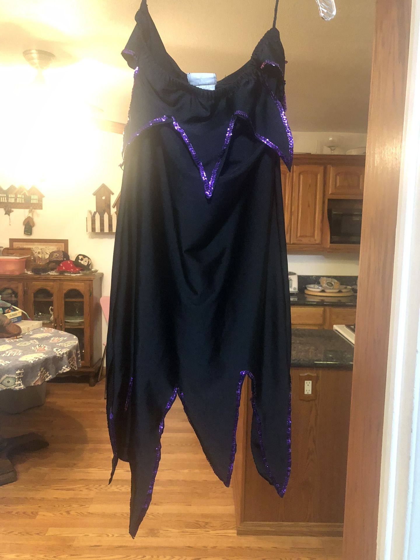 Women’s Size Large Halloween Costume Evil Pixie Short Dress. Black With Purple Accent. Strapless. Made Of 100% Polyester. Preowned Good Condition .