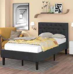 Catrimown Twin Size Upholstered Bed Frame with Button-Tufted Headboard