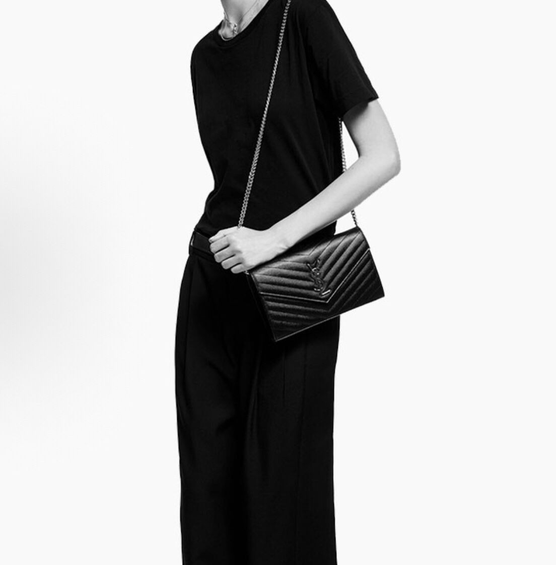 SAINT LAURENT YSL PARIS Gold Logo Chain Strap Quilted Grained Printed Leather Single Shoulder Crossbody Bag(76)45