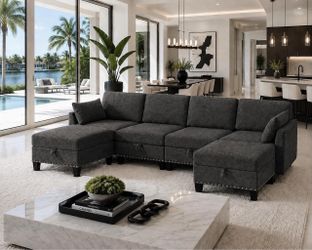 110" U Shaped Sectional Sofa with Storage,  Convertible Modular with Ottomans, Linen , Light Gray L-11